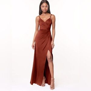 Azazie MACI STRETCH SATIN DRESS terracotta color